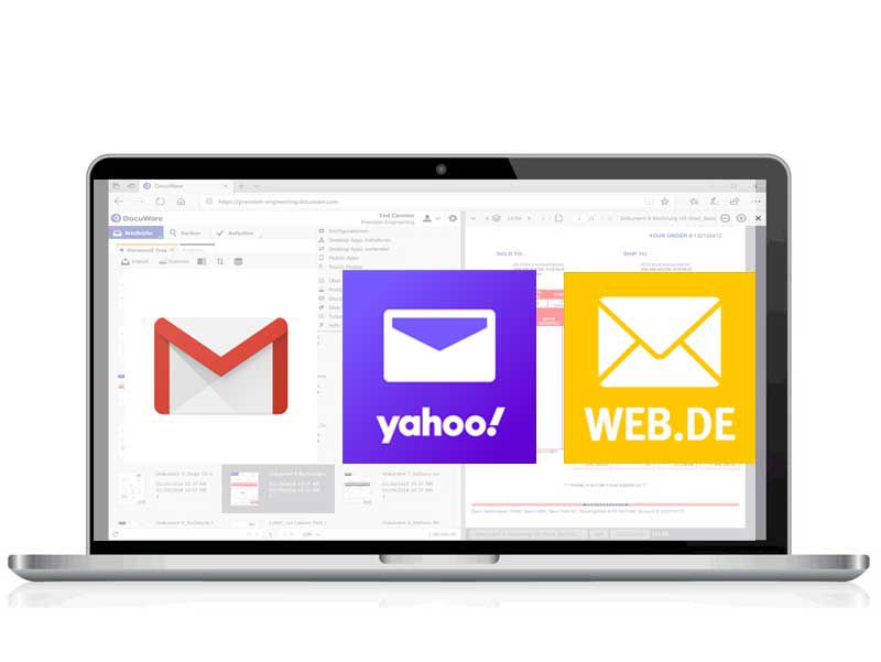 Laptop mit laufender DocuWare Software im Hintergrund, Vordergrund Logos von gmail, yahoo und web.de