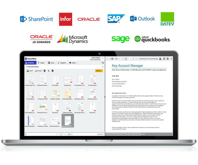 Laptop mit laufender DocuWare Software, Logos Sharepoint, infor, oracle, SAP, Outlook, Datev, Microsoft Dynamics, sage, quickbooks