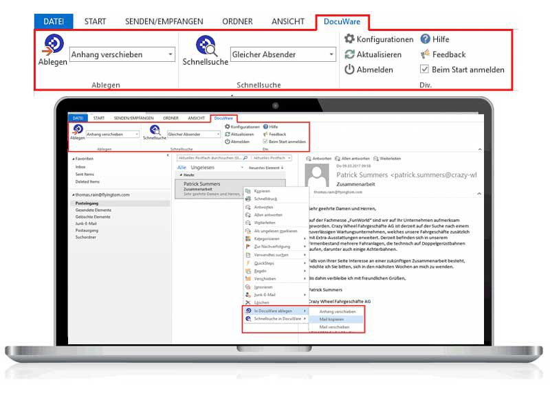 Laptop mit laufendem MS Outlook mit direkter DocuWare Integration, Screenshot der separaten Karteikarte