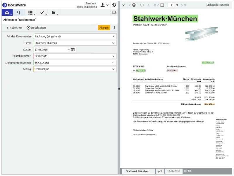 DocuWare Screenshot, linke Seite, Eingabe Formular, rechte Seite Beispielrechnung  Stahlwerke München